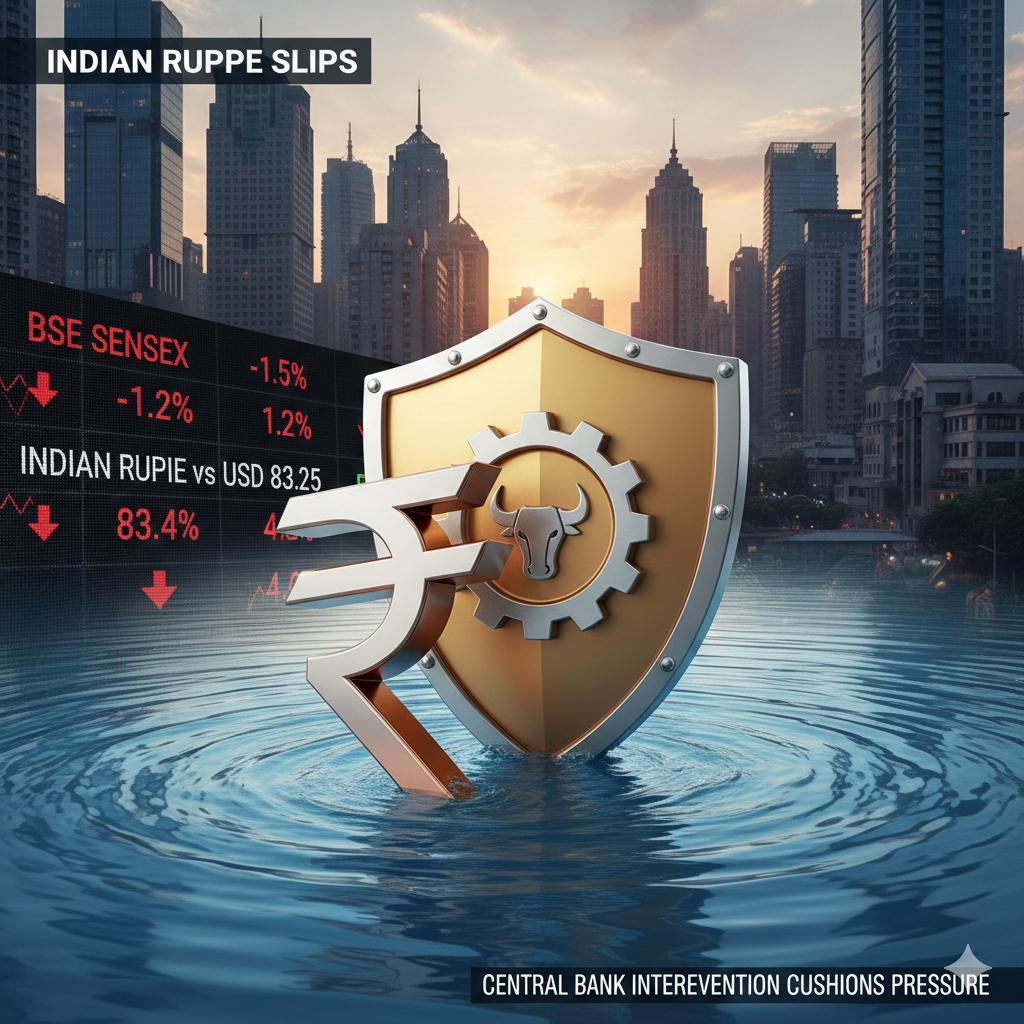 Indian Rupee slips; likely central bank intervention cushions pressure from weak stocks