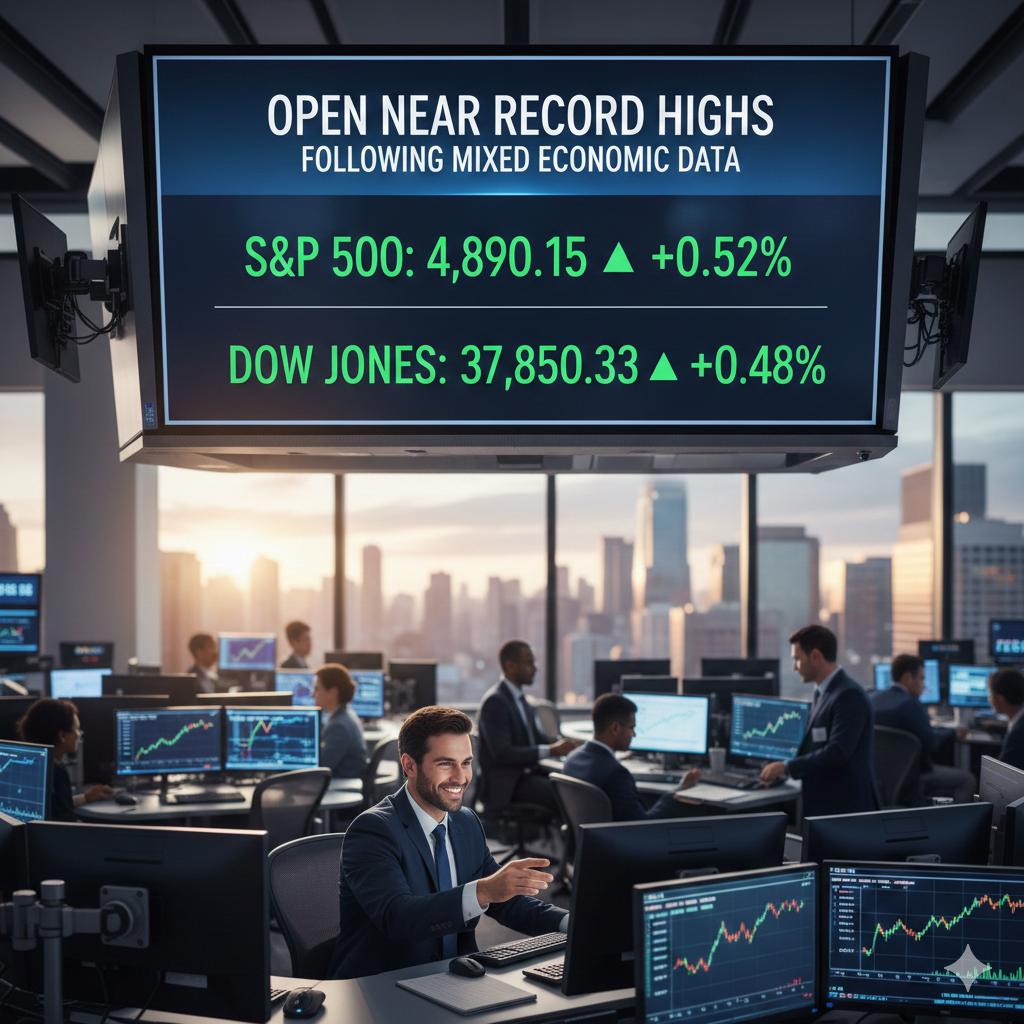 S&P 500 and Dow Open Near Record Highs Following Mixed Economic Data