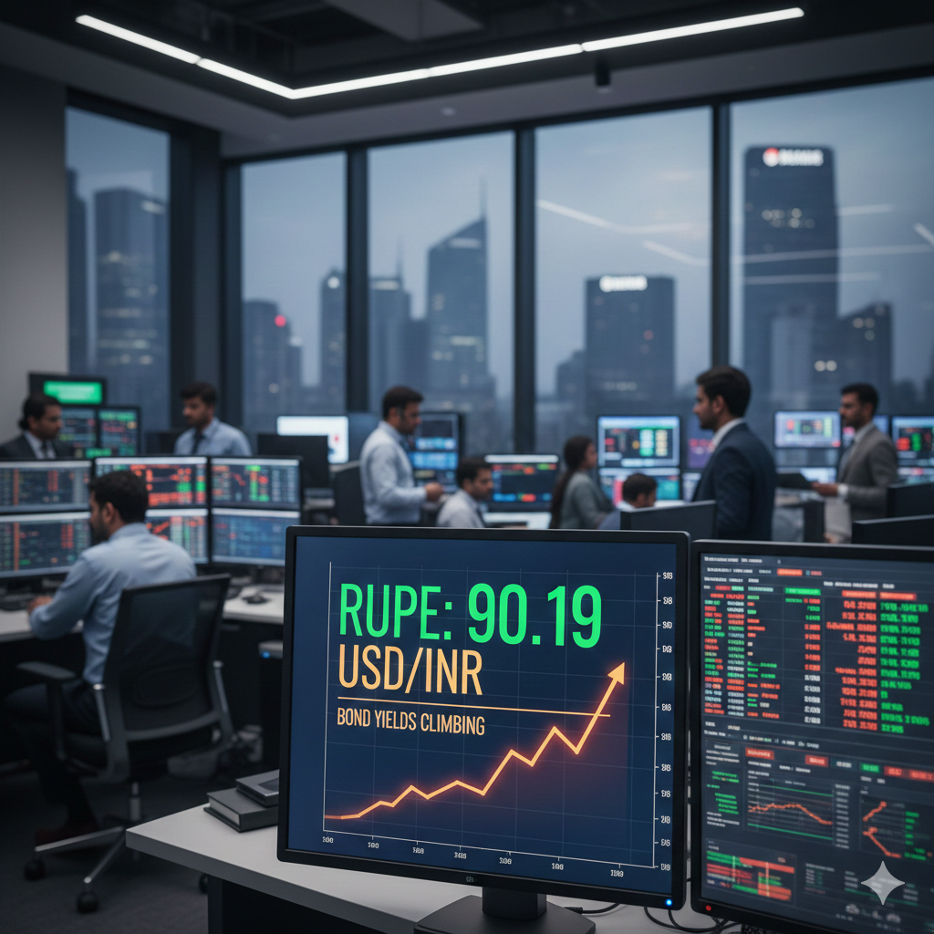 Rupee settles at 90.19 against dollar; bond yields climb