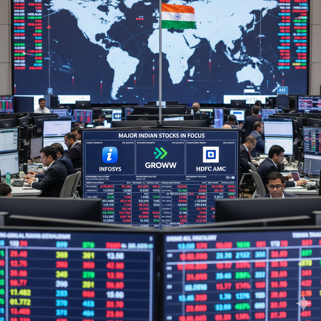 Major Indian Stocks in Focus Including Infosys, Groww, and HDFC AMC