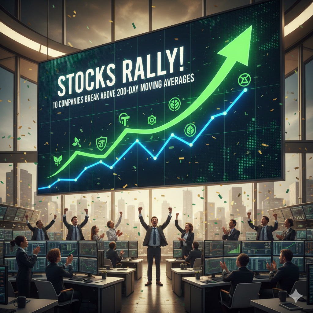 Stocks rally as 10 companies break above their 200-day moving averages.