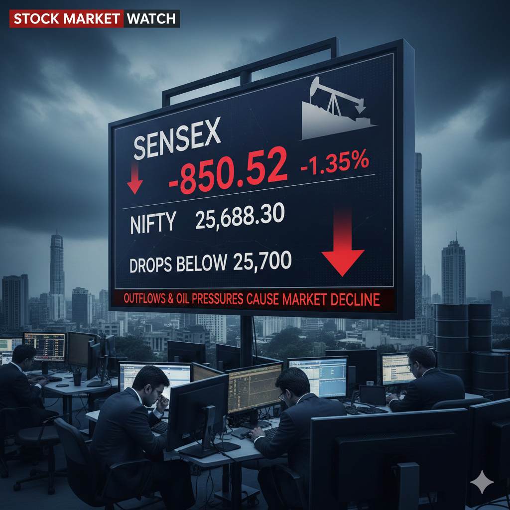 Sensex Declines as Nifty Drops Below 25,700 Amid Outflows and Oil Pressures