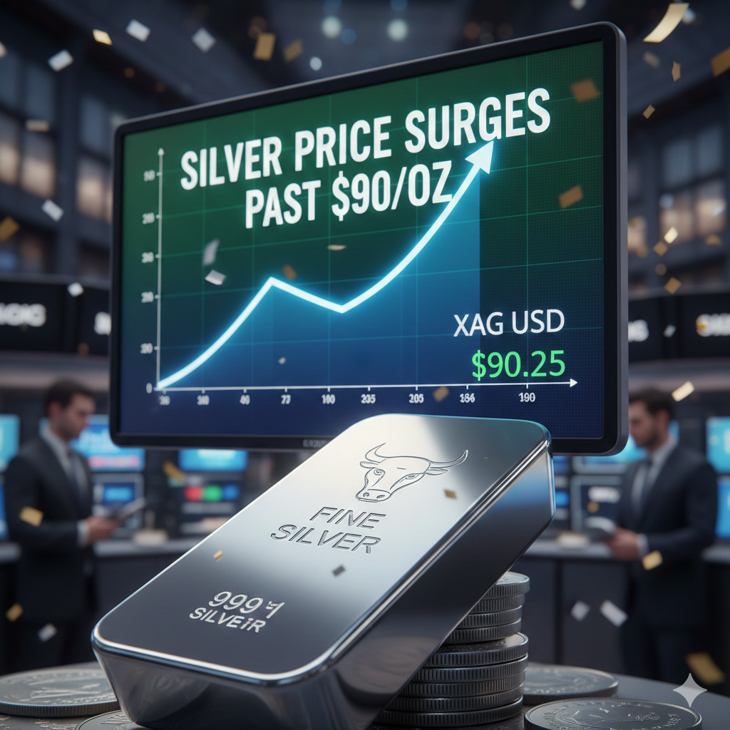 Silver price surges past $90 per ounce on strong demand.