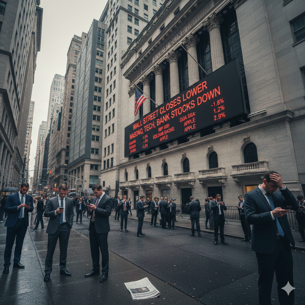 Wall Street closes lower as Nasdaq, tech, and bank stocks fall.