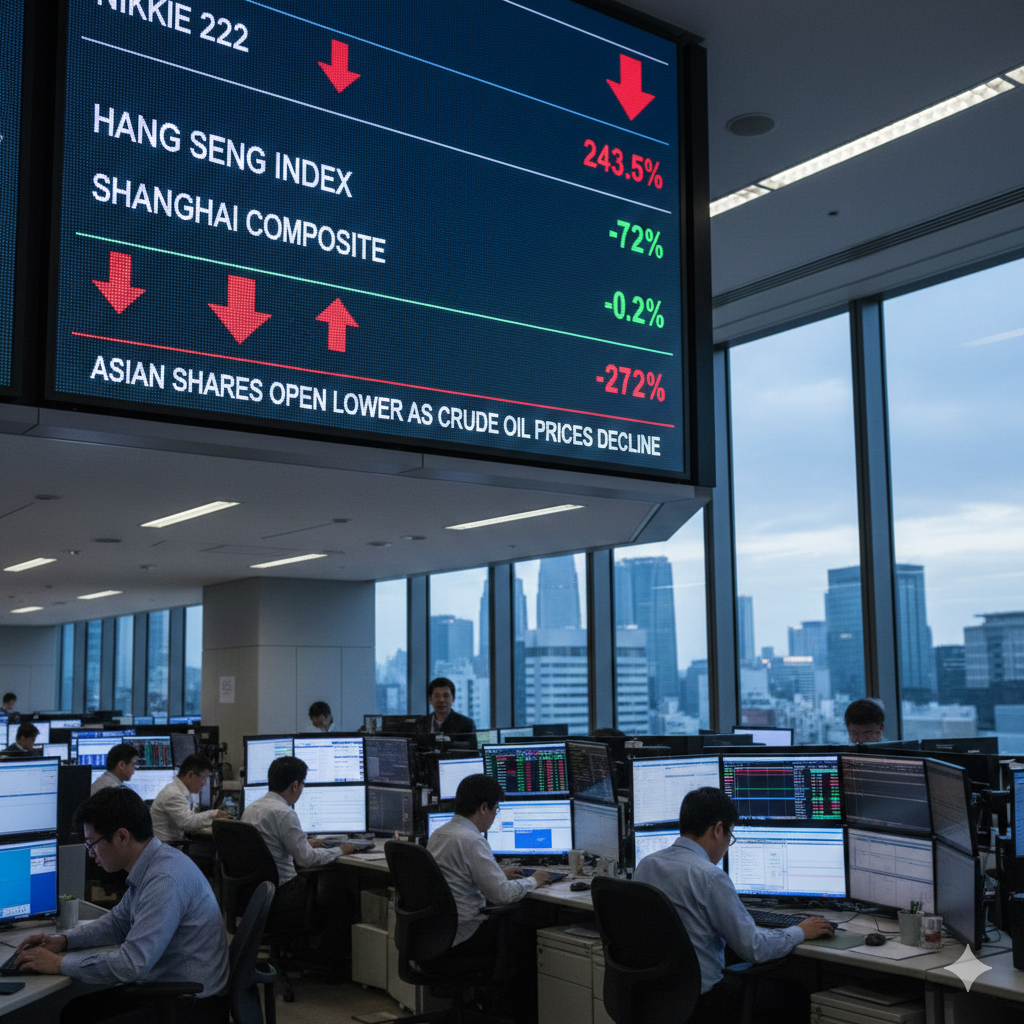 Asian shares open lower as crude oil prices decline.