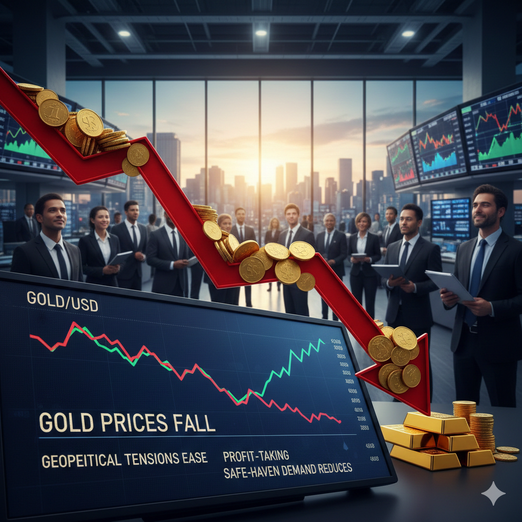 Gold prices fall as easing geopolitical tensions and profit-taking reduce safe-haven demand.