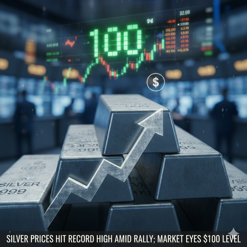 Silver prices hit record high amid rally; market eyes $100 level.