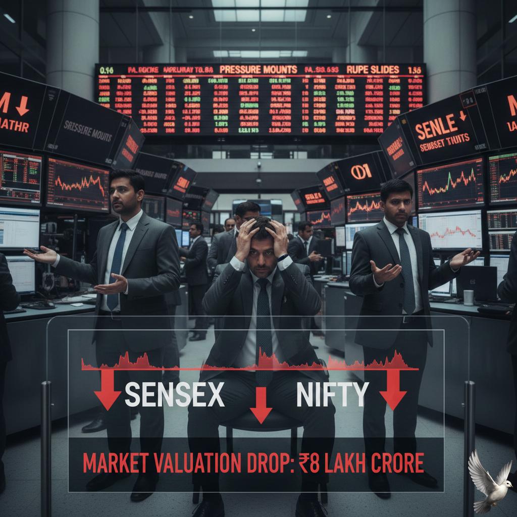 Sensex, Nifty face pressure amid $8$ lakh crore market valuation drop.