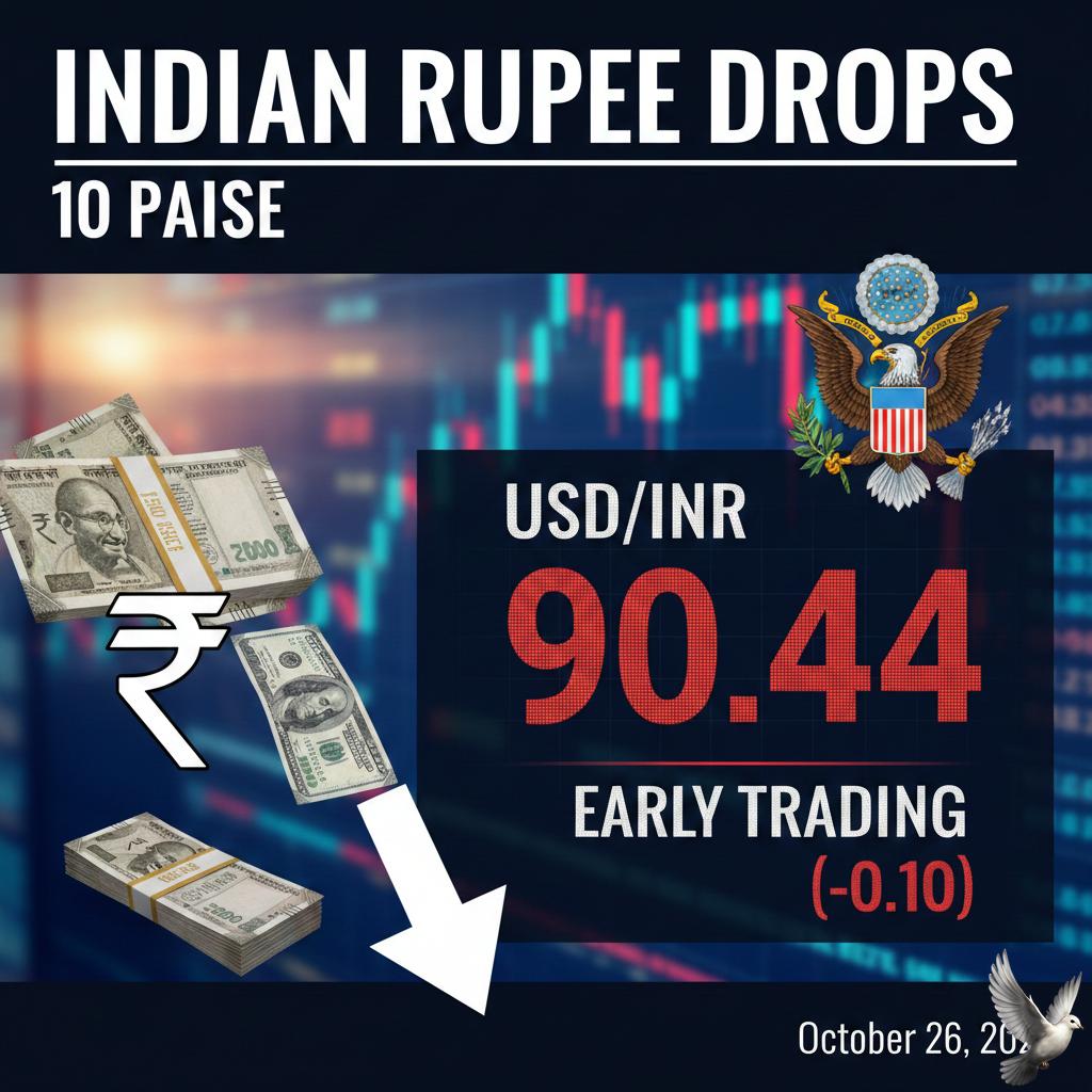 Indian Rupee Drops 10 Paise to 90.44 Against US Dollar in Early Trading