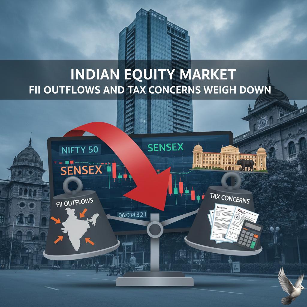 FII outflows and tax concerns weigh on Indian equity market.
FII outflows and tax concerns impact Indian equities.