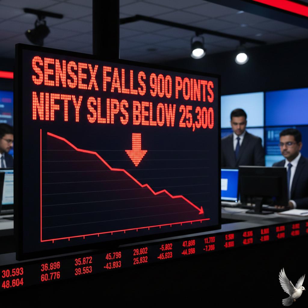 Sensex Falls 900 Points, Nifty Slips Below 25,300