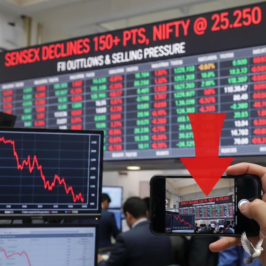 Sensex Declines Over 150 Points, Nifty Tests 25,250 Amid FII Outflows and Selling Pressure