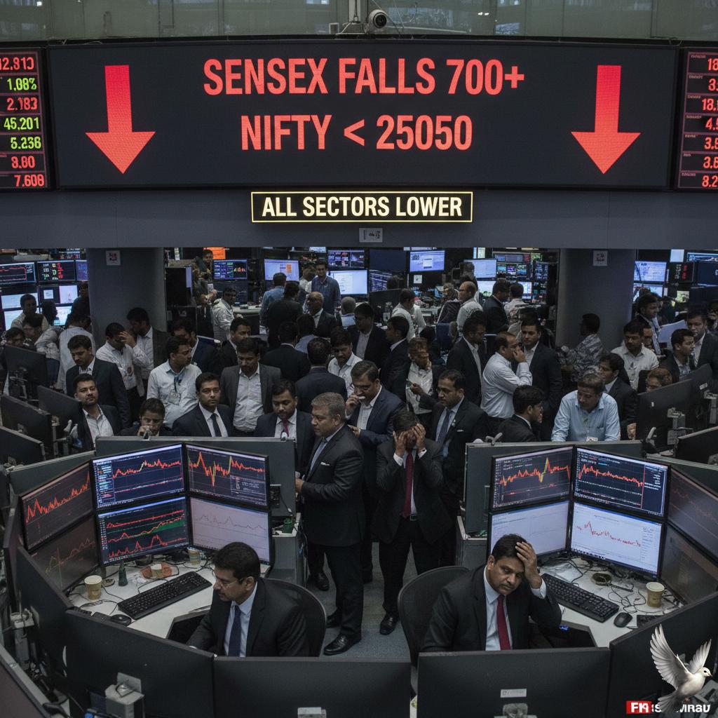 Sensex Falls Over 700 Points, Nifty Drops Below 25,050 as All Sectors Trade Lower