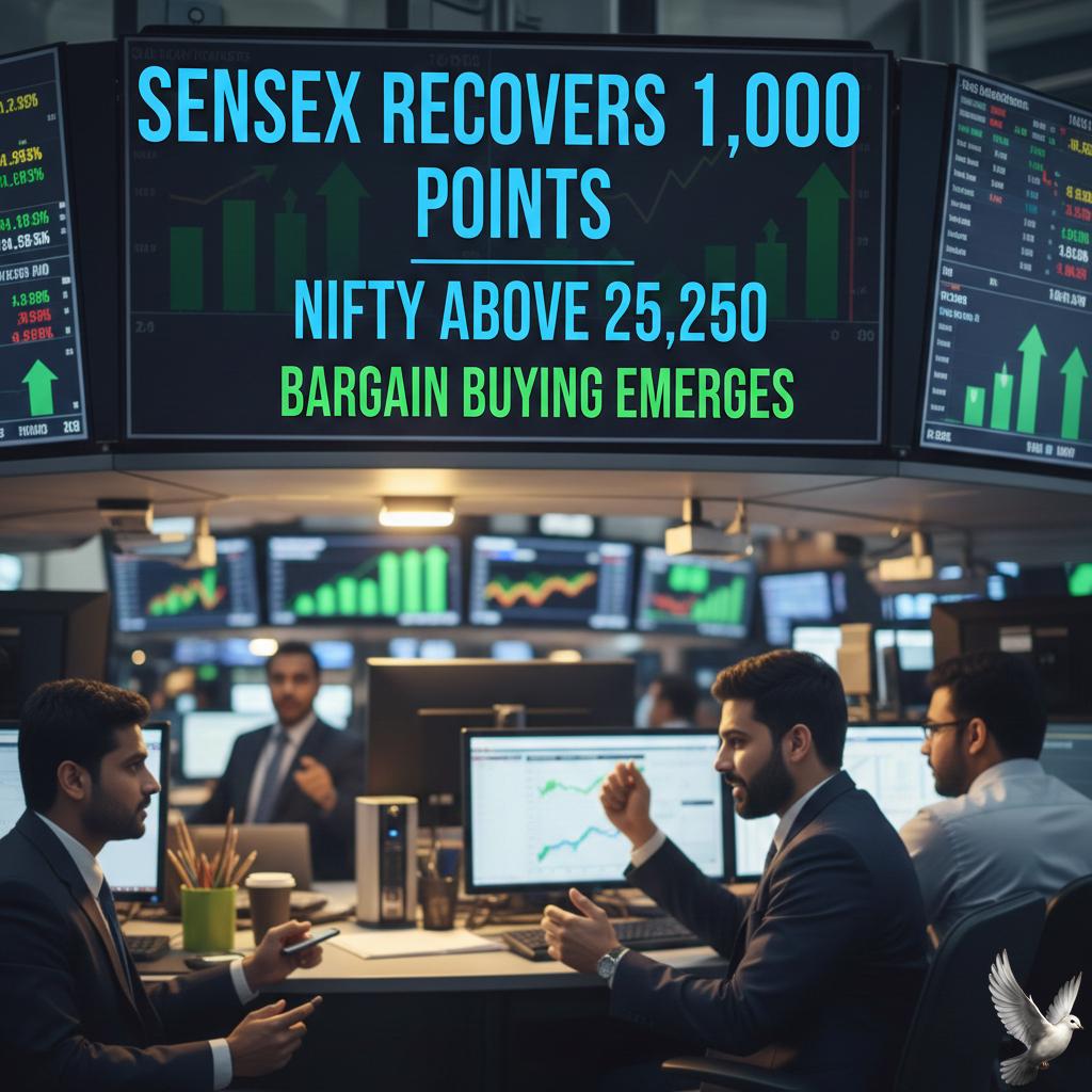 Sensex Recovers 1,000 Points, Nifty Above 25,250 as Bargain Buying Emerges
