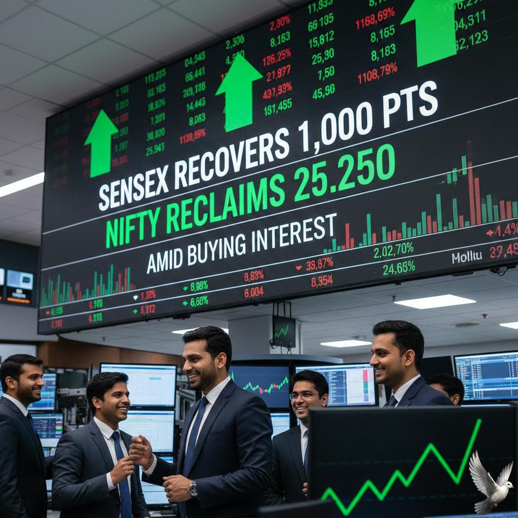 Sensex recovers 1,000 points; Nifty reclaims 25,250 level amid buying interest.