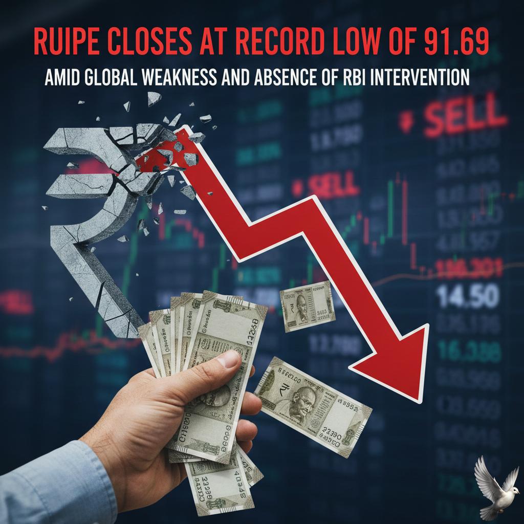Rupee Closes at Record Low of 91.69 Amid Global Weakness and Absence of RBI Intervention