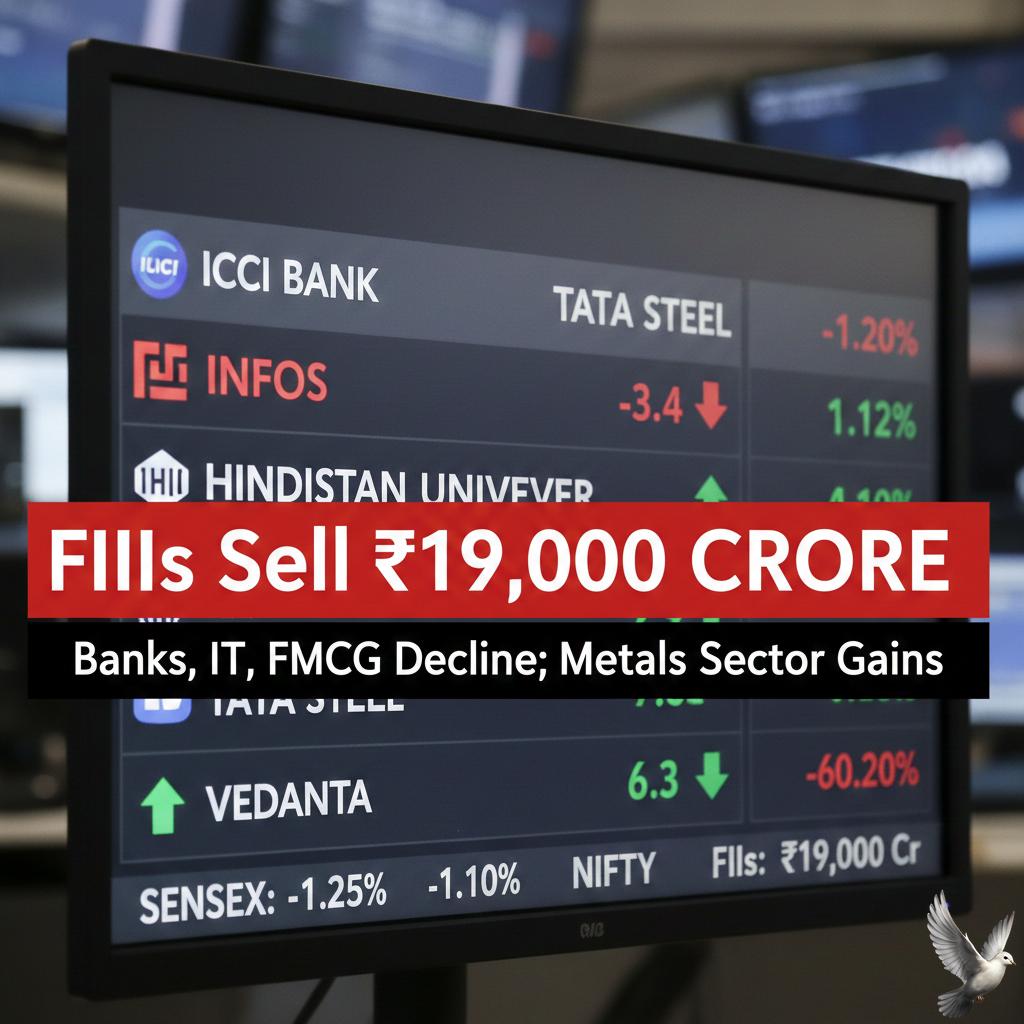 FIIs Sell ₹19,000 Crore as Banks, IT, FMCG Decline; Metals Sector Gains