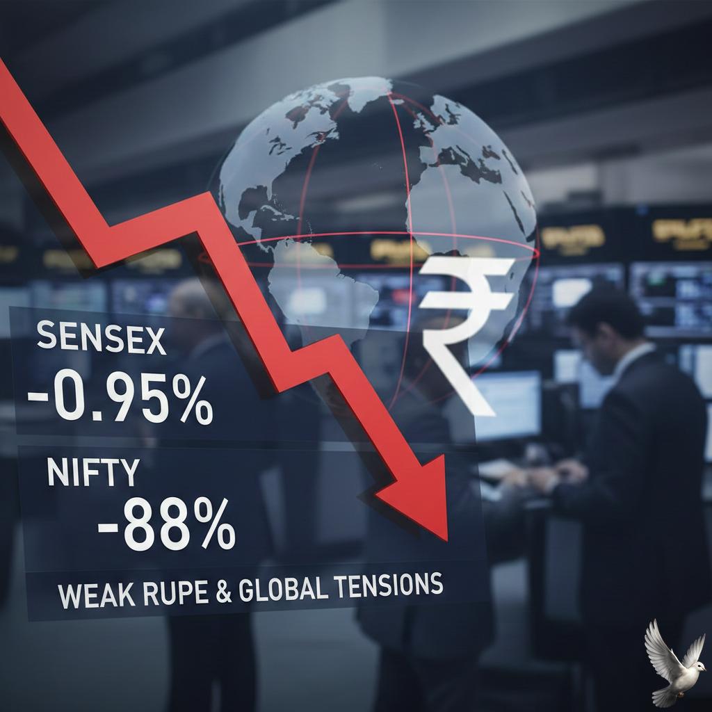 Sensex, Nifty Decline Nearly 1% Amid Weak Rupee and Global Tensions
