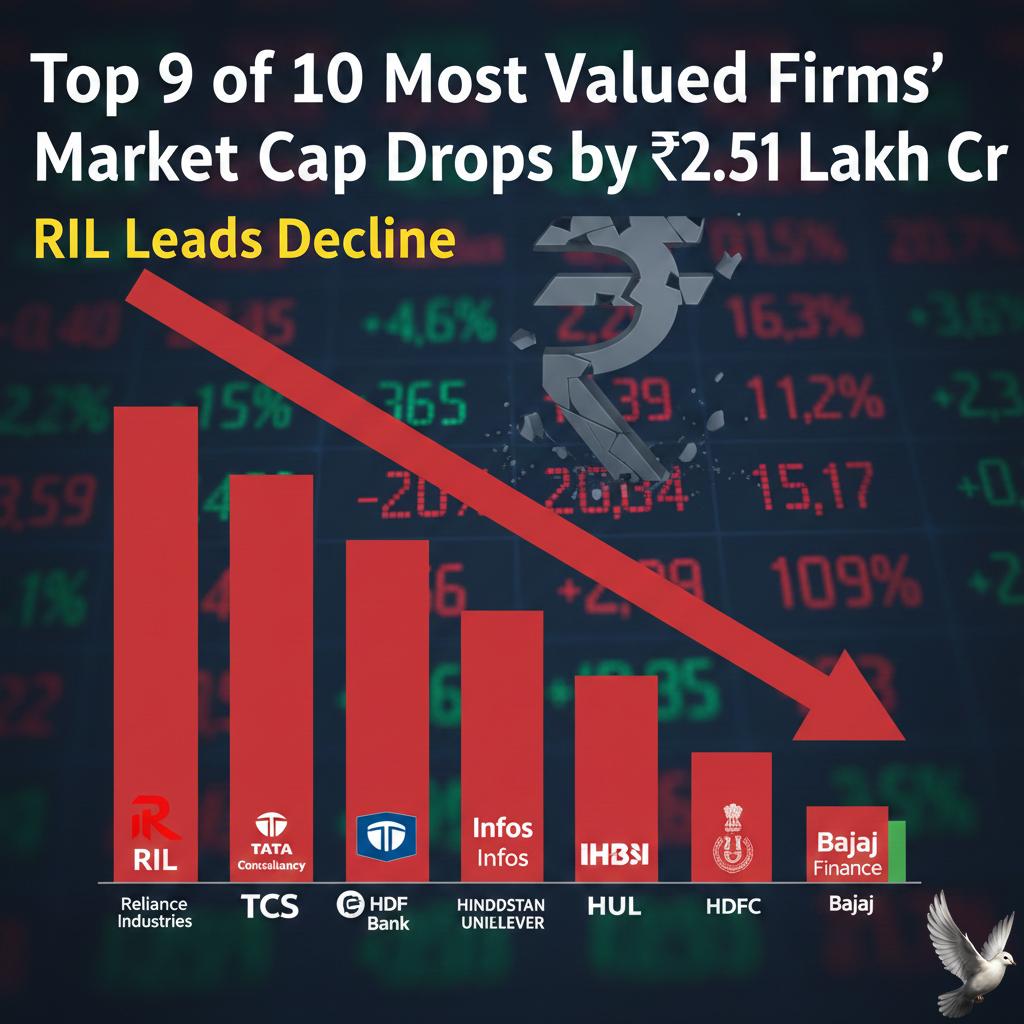 Top 9 of 10 Most Valued Firms' Market Cap Drops by ₹2.51 Lakh Cr; RIL Leads Decline