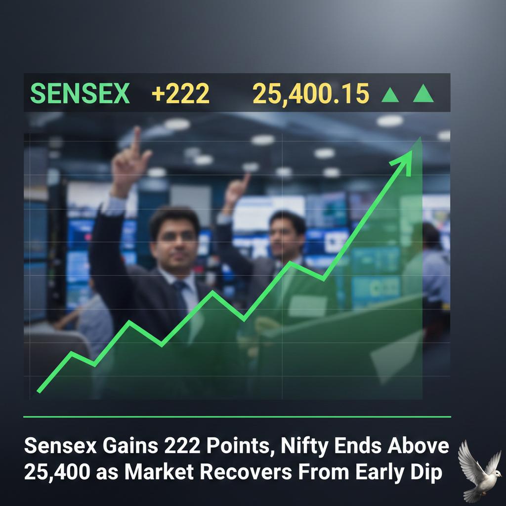 Sensex Gains 222 Points, Nifty Ends Above 25,400 as Market Recovers From Early Dip