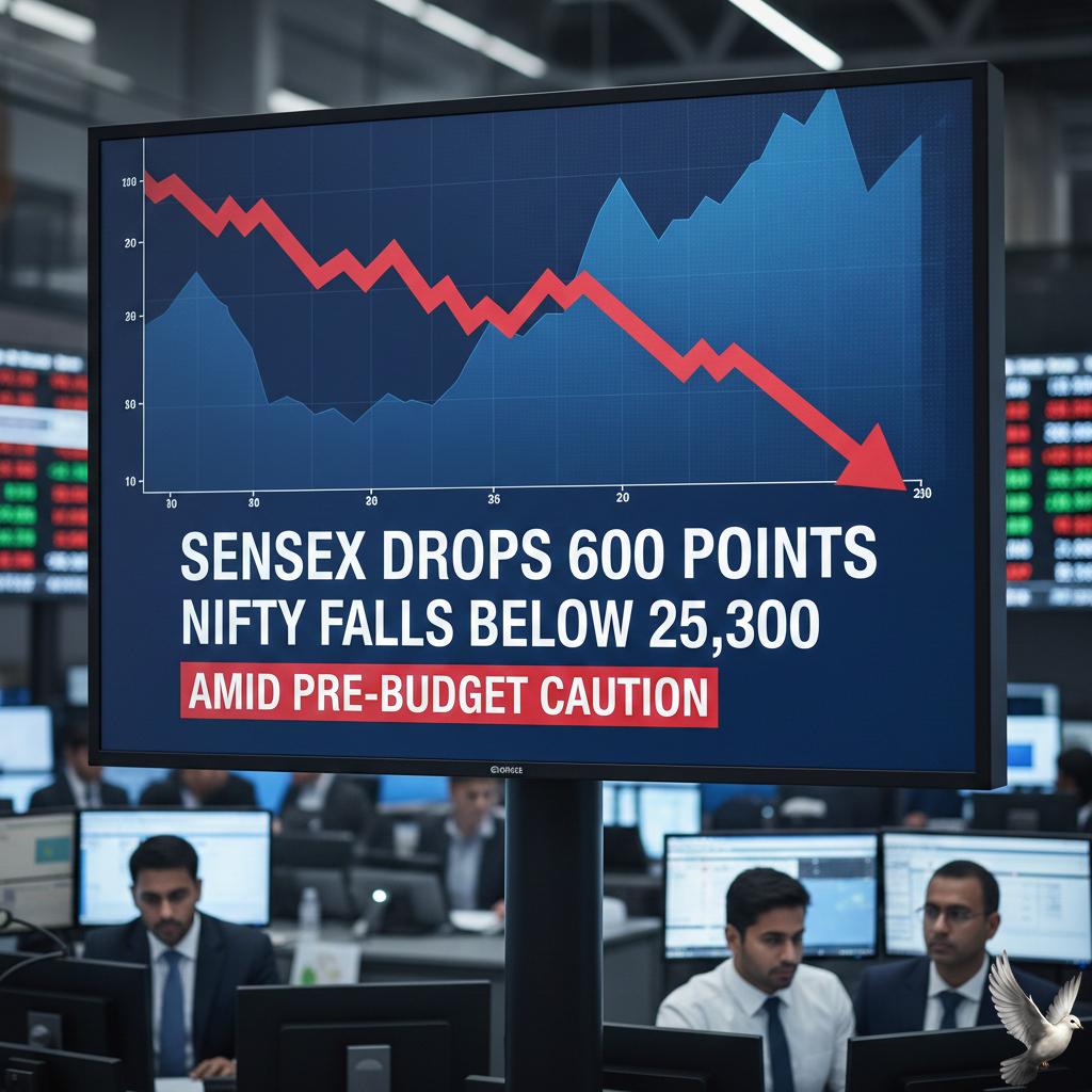 Sensex Drops 600 Points, Nifty Falls Below 25,300 Amid Pre-Budget Caution