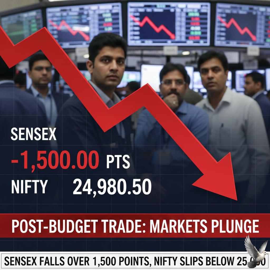 Sensex Falls Over 1,500 Points, Nifty Slips Below 25,000 in Post-Budget Trade