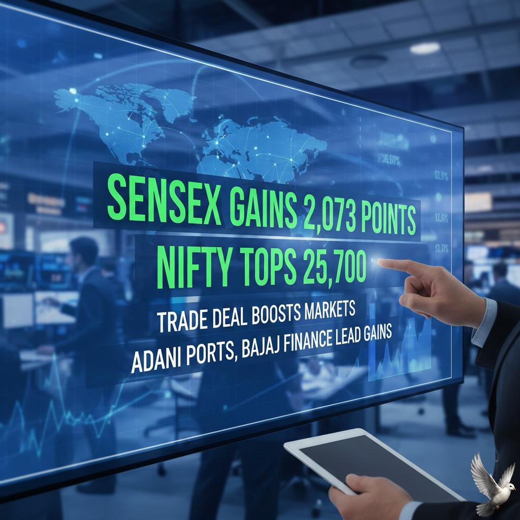 Sensex Gains 2,073 Points, Nifty Tops 25,700 on Trade Deal; Adani Ports and Bajaj Finance Lead Gains