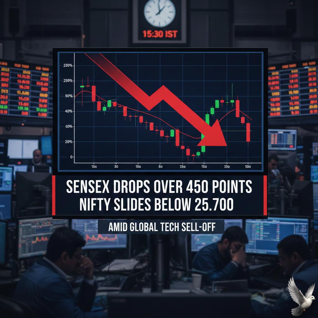 Sensex Drops Over 450 Points, Nifty Slides Below 25,700 Amid Global Tech Sell-Off