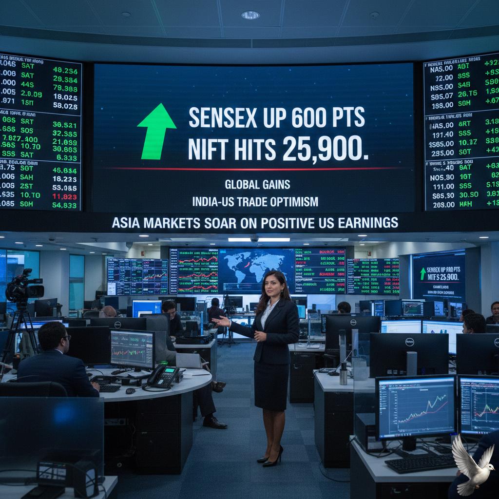 Sensex Rises 600 Points and Nifty Reaches 25,900 Amid Global Gains and India–US Trade Optimism
