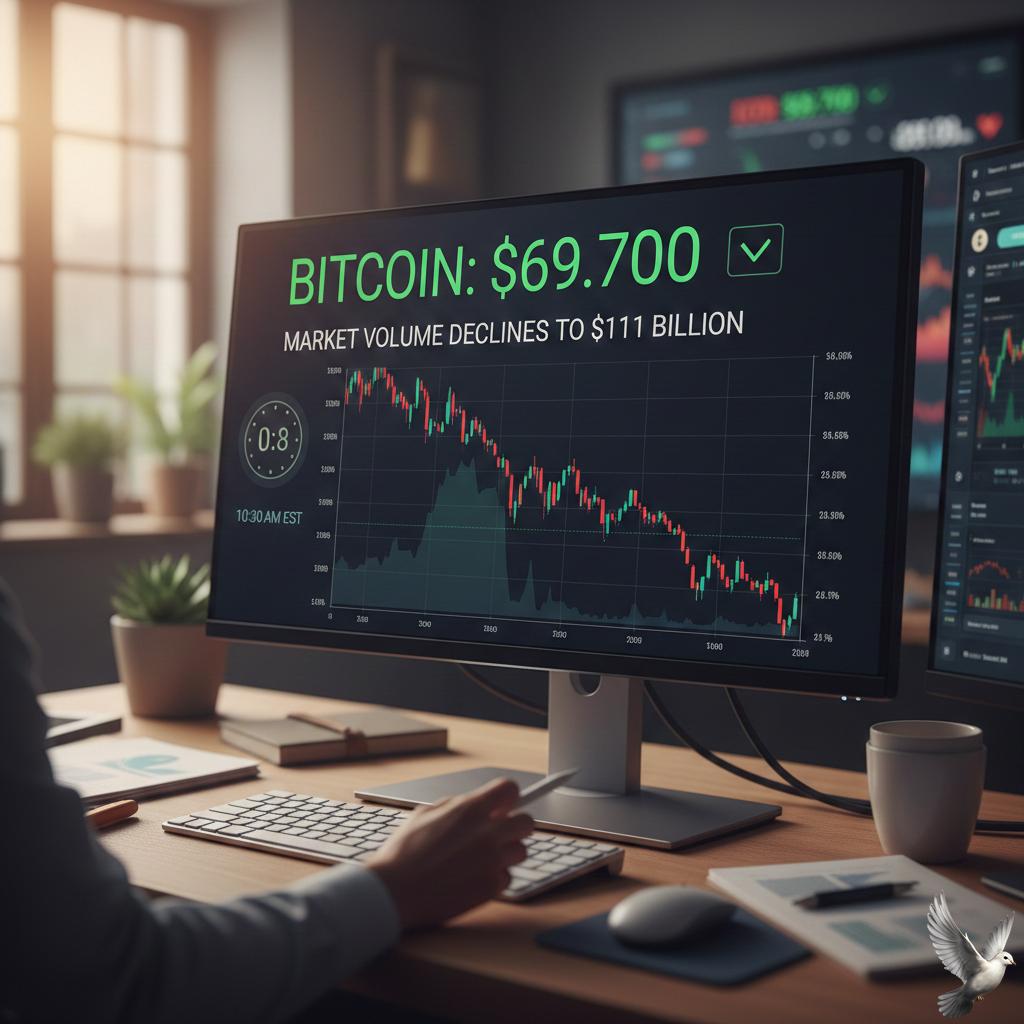Bitcoin trades around $69,700 as market volume declines to $111 billion.