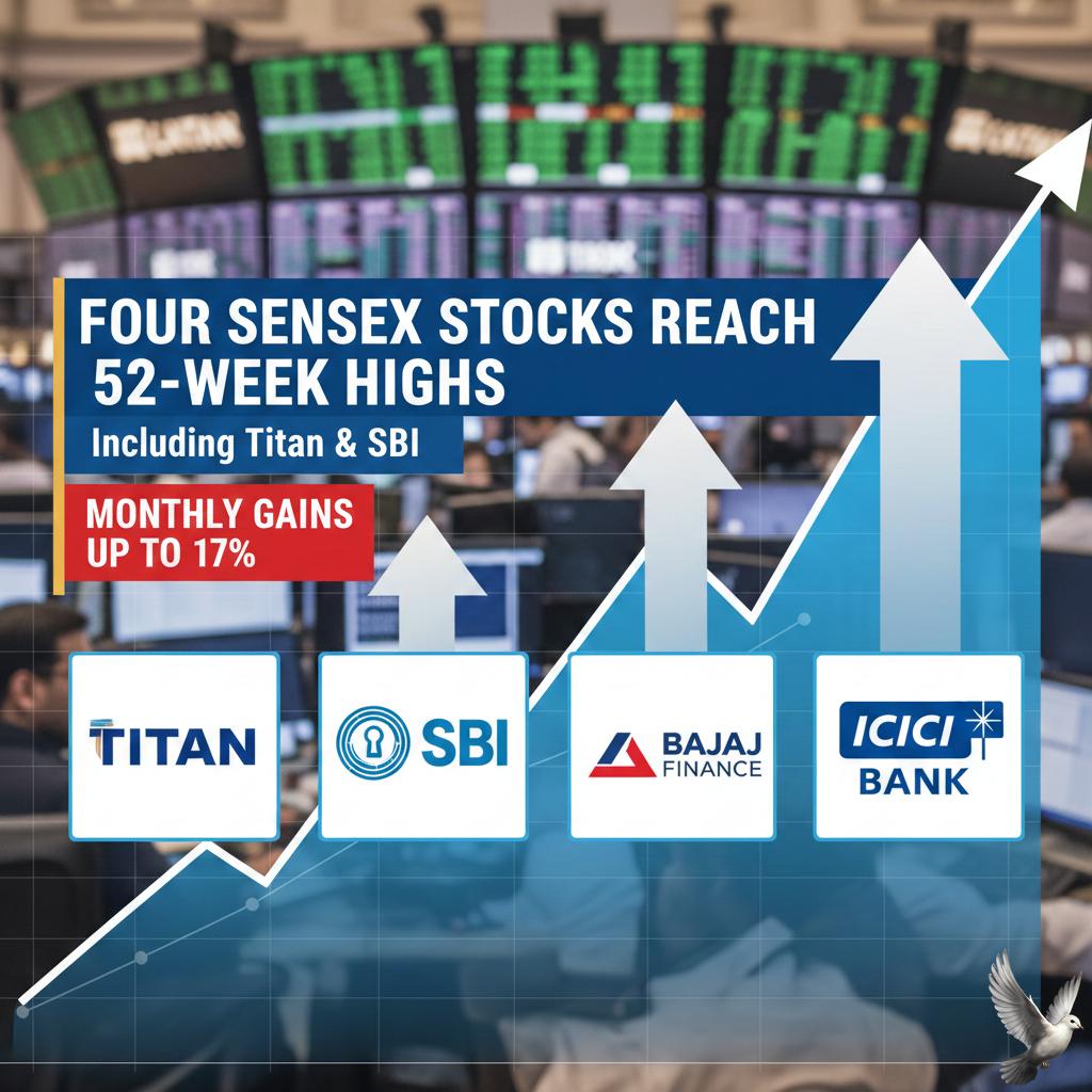 Four Sensex Stocks, Including Titan and SBI, Reach 52-Week Highs with Monthly Gains Up to 17%
