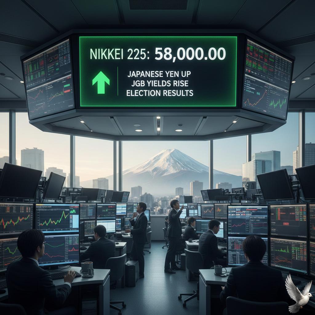 Nikkei 225 reaches 58,000 as Japanese yen and bonds rise following election results