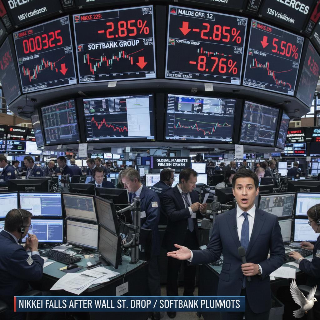 Nikkei Falls Following Wall Street Decline as SoftBank Group Shares Drop Nearly 9%