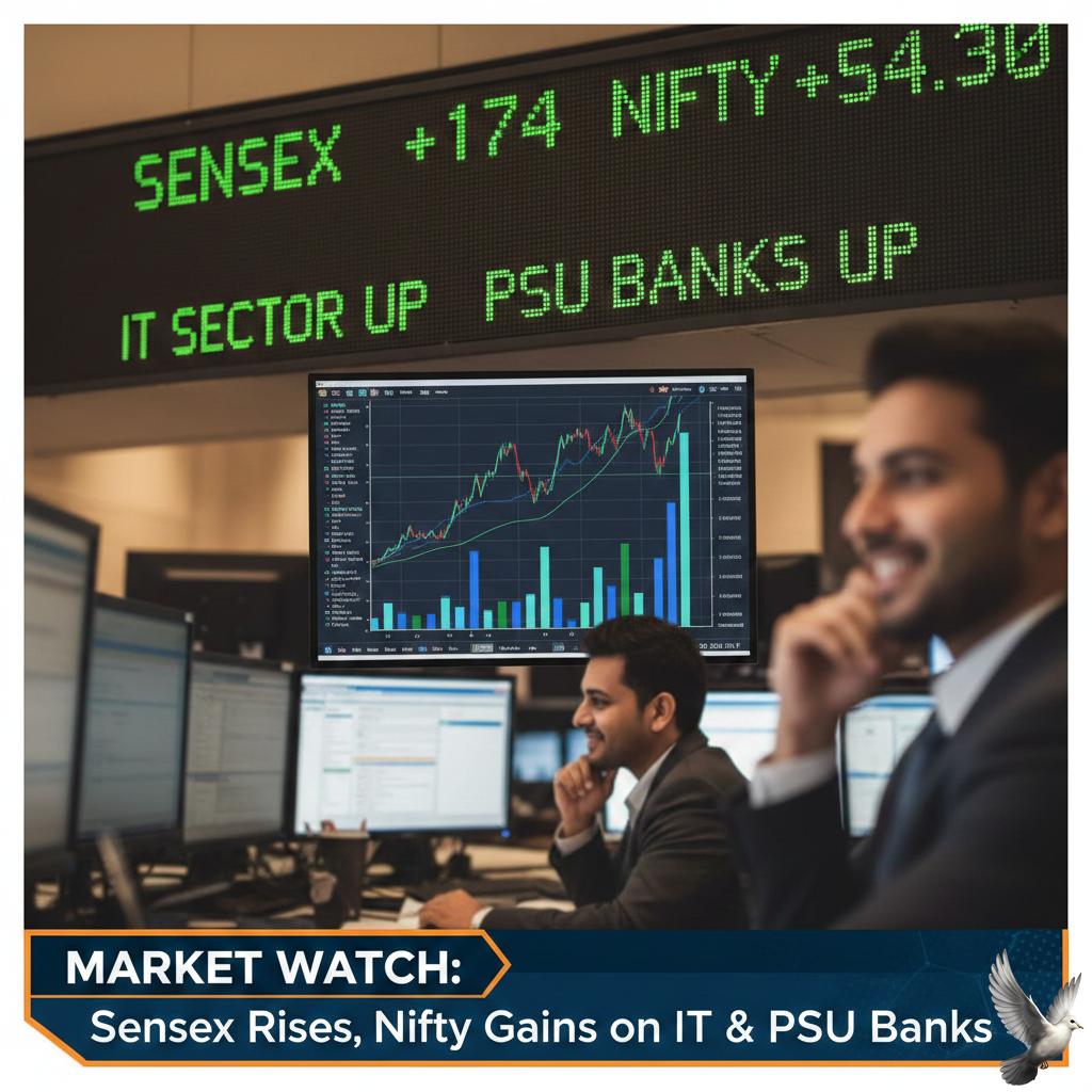 Sensex Rises 174 Points as Nifty Gains for Second Session Amid Strength in IT and PSU Banks