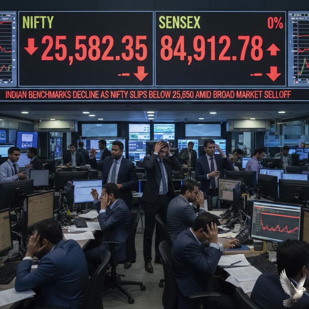 Indian Benchmarks Decline as Nifty Slips Below 25,650 Amid Broad Market Selloff