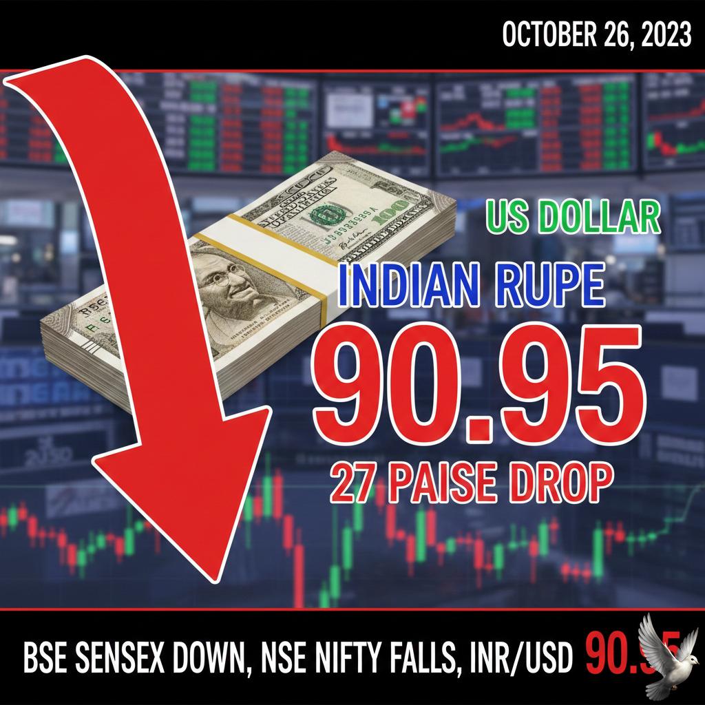 Indian Rupee Drops 27 Paise to 90.95 Against US Dollar
