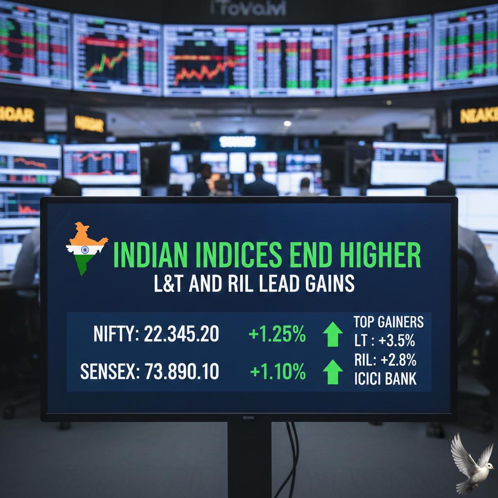 Indian Indices End Higher as L&T and RIL Lead Gains