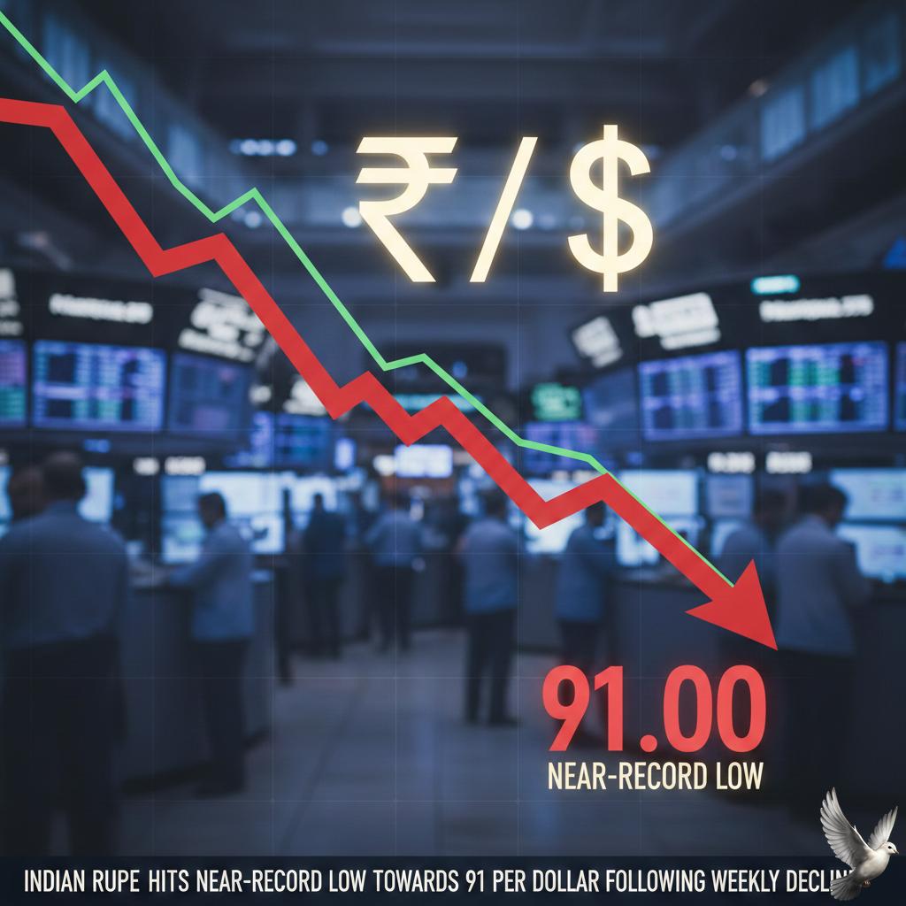Indian Rupee Hits Near-Record Low Towards 91 Per Dollar Following Weekly Decline