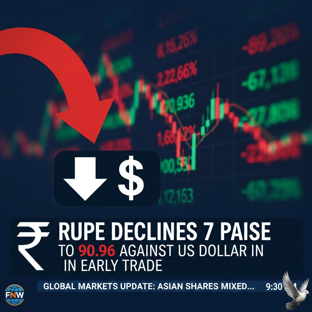Rupee declines 7 paise to 90.96 against US dollar in early trade