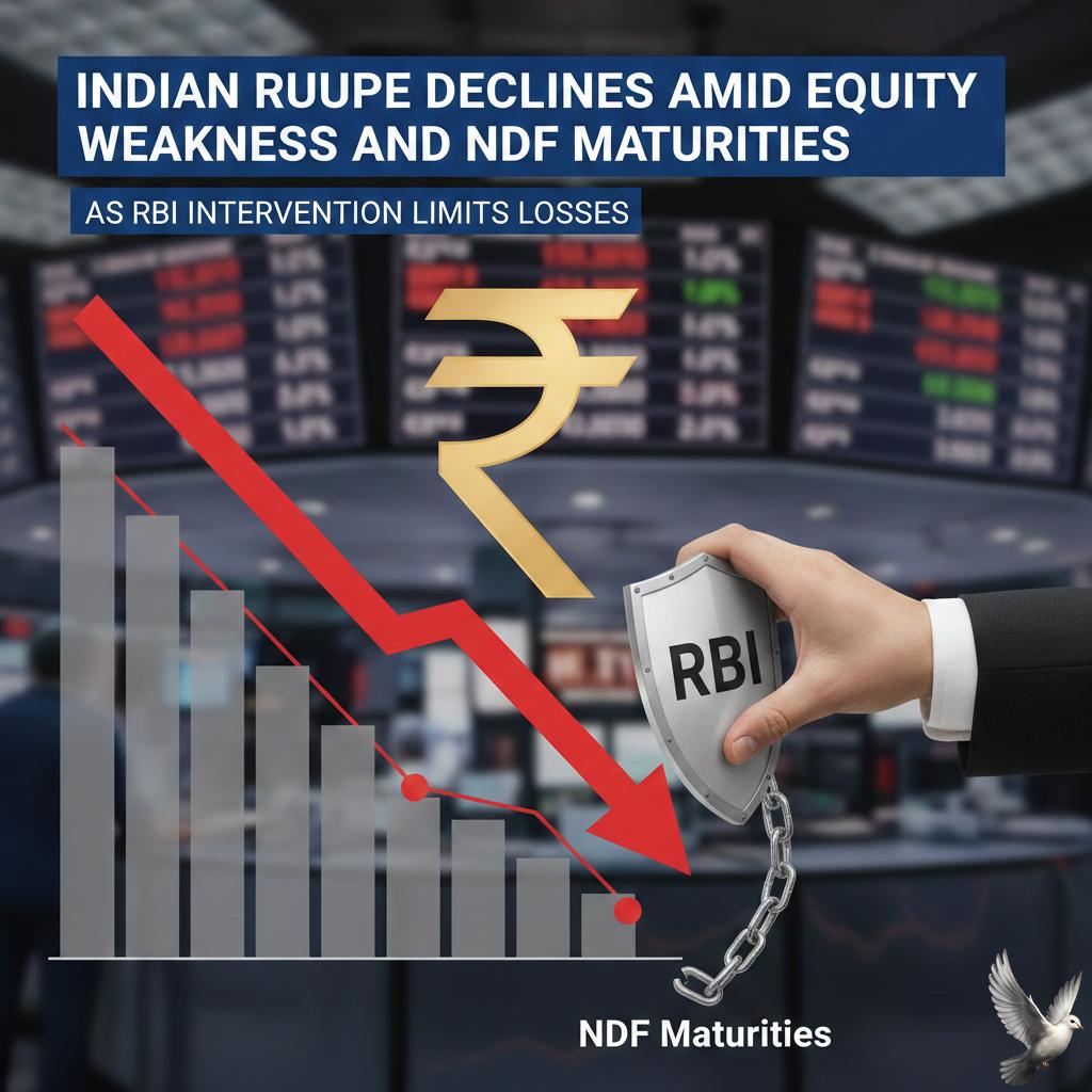 Indian Rupee Declines Amid Equity Weakness and NDF Maturities as RBI Intervention Limits Losses