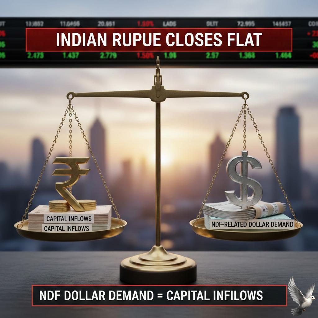 Indian Rupee Closes Flat as NDF-Related Dollar Demand Offsets Capital Inflows